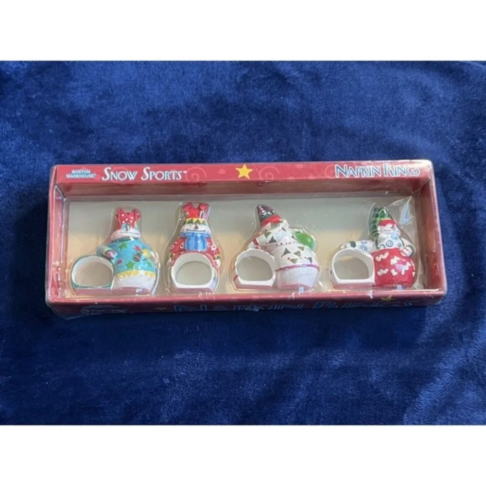 Vintage Boston Warehouse Snowman Napkin Rings Set of 4 Christmas Snow Sports Box